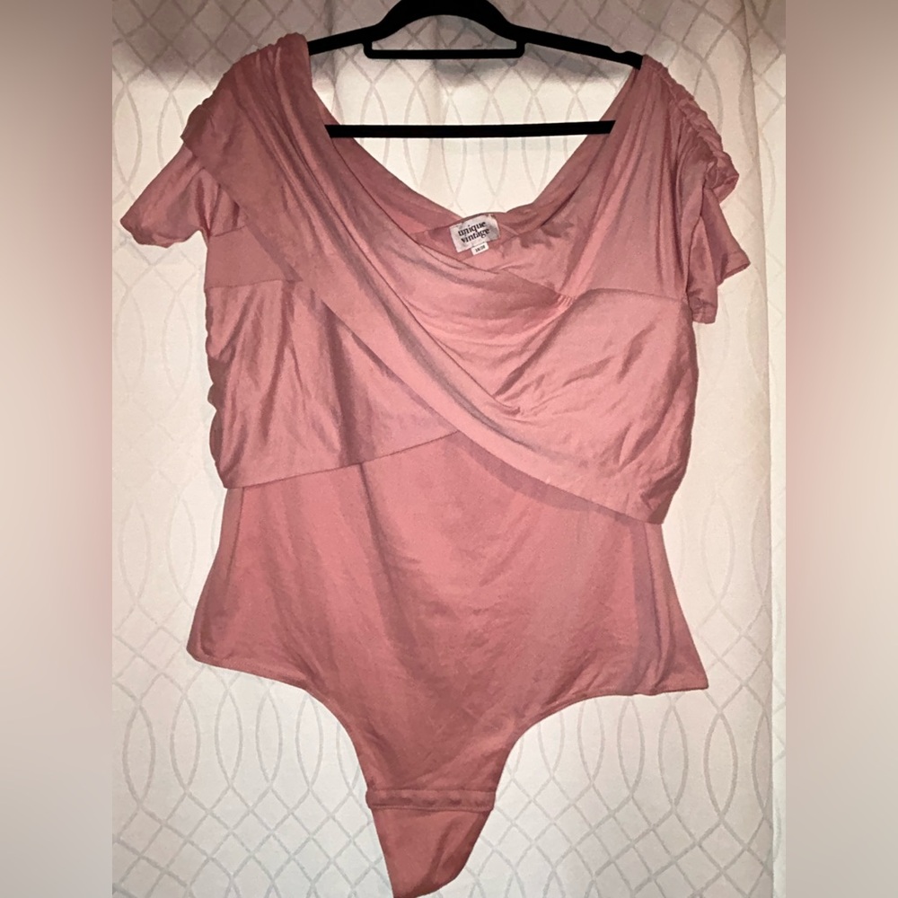 Unique Vintage Pink Asymmetrical Wrap Bodysuit